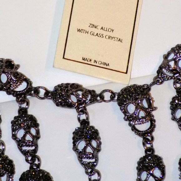 New Eye Candy Glass Crystals Tiered Skulls & Crosses Statement Bib Necklace - Picture 5 of 9